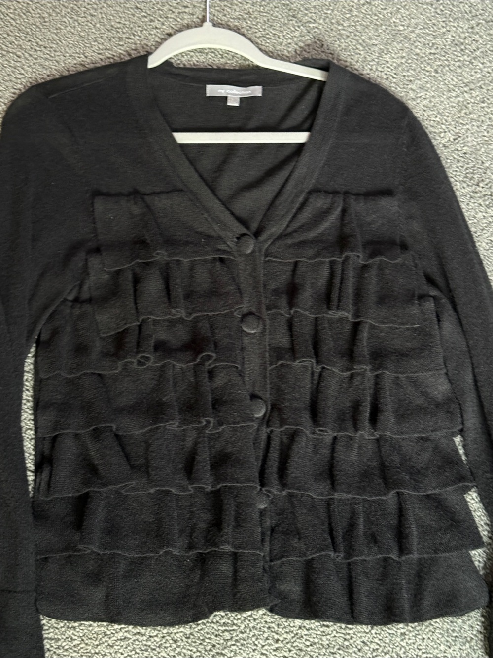 NY Collection Black Ruffle Front V-Neck Button Front Cardigan Sweater. Size L
